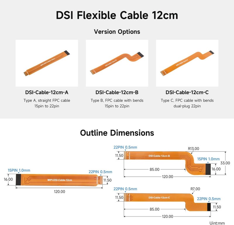 Waveshare 3PCS DSI 12cm FPC Flexible Cable, Type A, Straight FPC Cable, 15pin to 22pin - Image 3